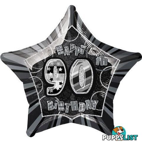 Glitz Black 90th Birithday Star 50cm (20) Foil Balloon Packaged - 011179553921