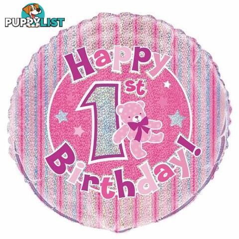 1st Birthday - Pink 45cm (18) Foil Prismatic Balloons Packaged - 011179554836