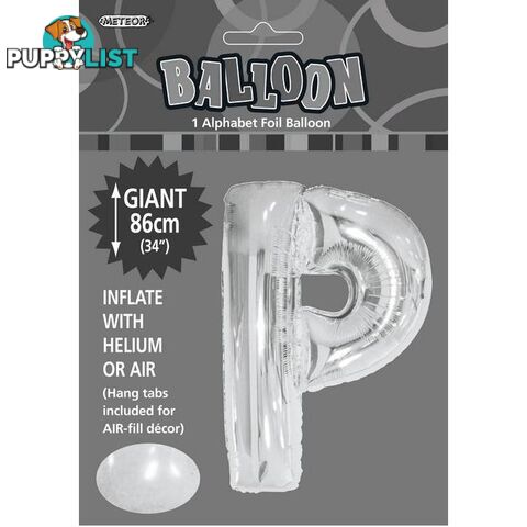 Silver P Alphabet Foil Balloon 86cm (34) - 9311965483557