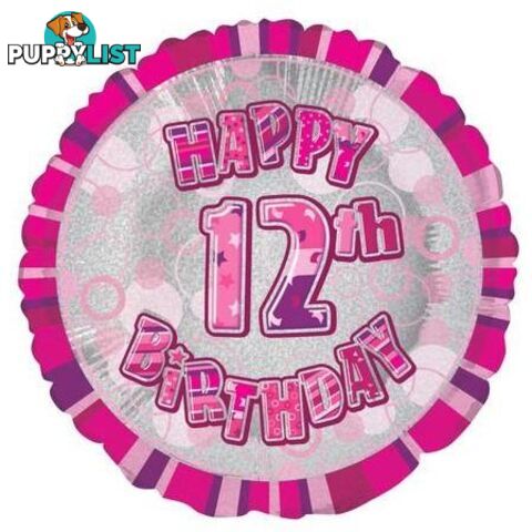 Glitz Pink 12th Birthday Round 45cm (18) Foil Balloon Packaged - 011179556427