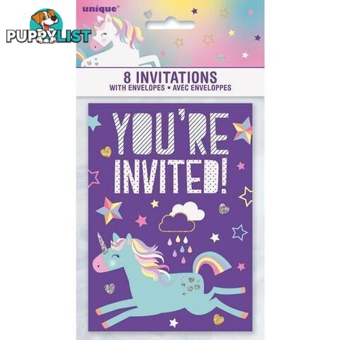 Unicorn Party 8 Invitations 9.7 x 3.6cm (5.3 x 3.8) - 011179725045