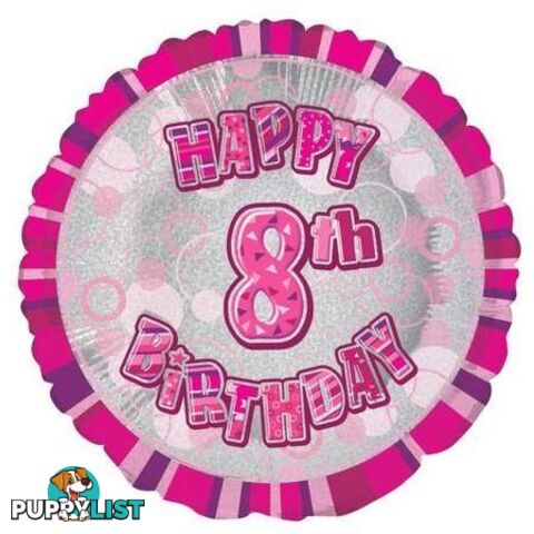 Glitz Pink 8th Birthday Round 45cm (18) Foil Balloon Packaged - 011179556380