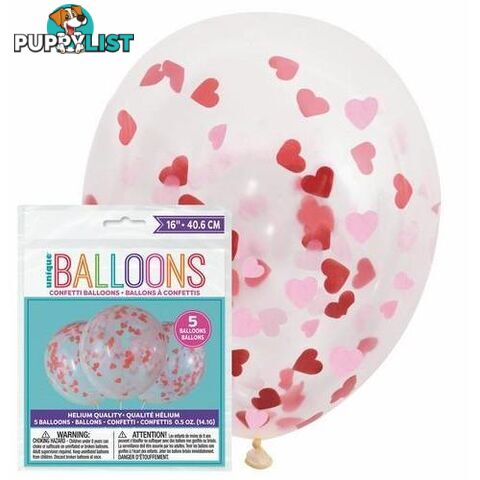 5 x 40cm (16) Clear Balloons Prefilled With Pink And Red Heart Shaped Tissue Confetti - 011179564002