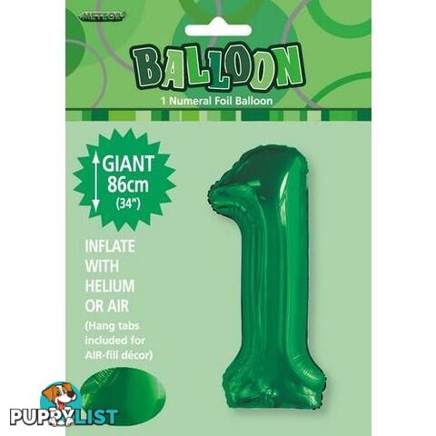 Emerald Green 1 Numeral Foil Balloon 86cm (34) - 9311965506812