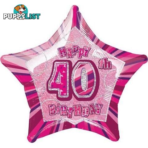 Glitz Pink 40th Birthday Star 50cm (20) Foil Balloon Packaged - 011179551118