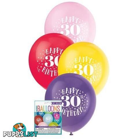 Happy 30th Birthday 8 x 30cm (12) Balloons - Assorted Colours - 011179549436