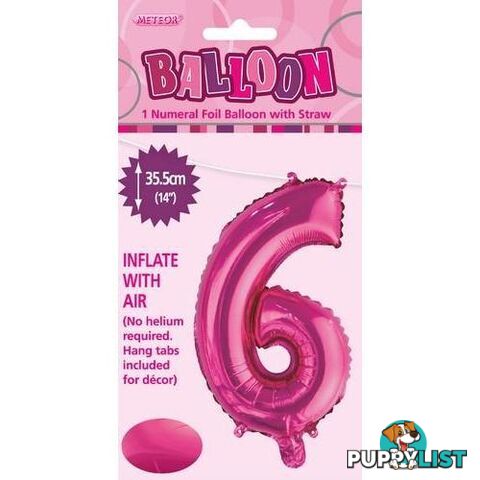 Hot Pink 6 Numeral Foil Balloon 35cm (14) - 9311965429067