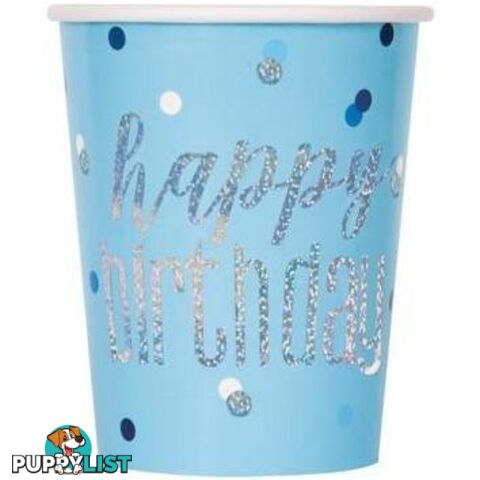 Blue Happy Birthday 8 x 270mL (9oz) Prismatic Paper Cups - 011179835966