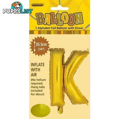 Gold K Alphabet Foil Balloon 35cm (14) - 9311965446606