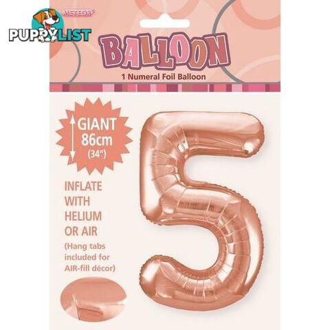 Rose Gold 5 Numeral Foil Balloon 86cm (34) - 9311965506454