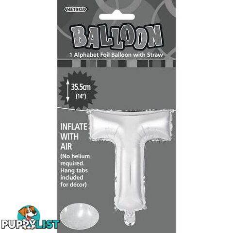 Silver T Alphabet Foil Balloon 35cm (14) - 9311965446996