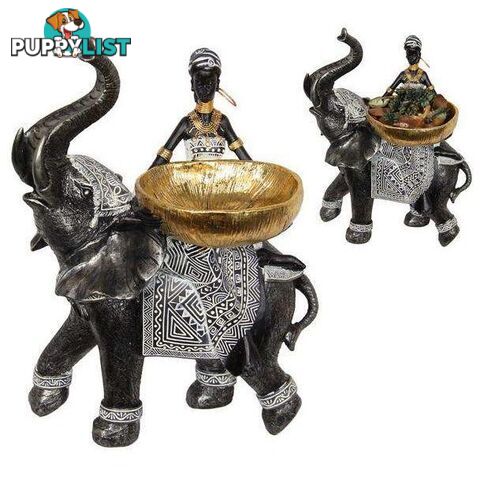 African Lady on Elephant with Gold Bowl 30cm - 9319844630511