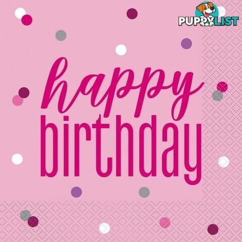 Pink Happy Birthday 16 Luncheon Napkins 2ply 33cm x 33cm (13 x 13) - 011179836024