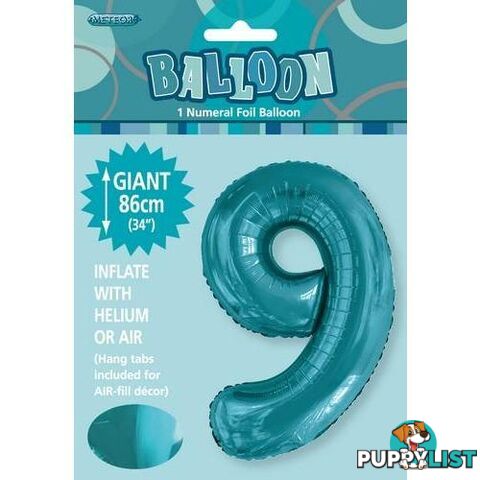 Caribbean Teal 9 Numeral Foil Balloon 86cm (34) - 9311965506393