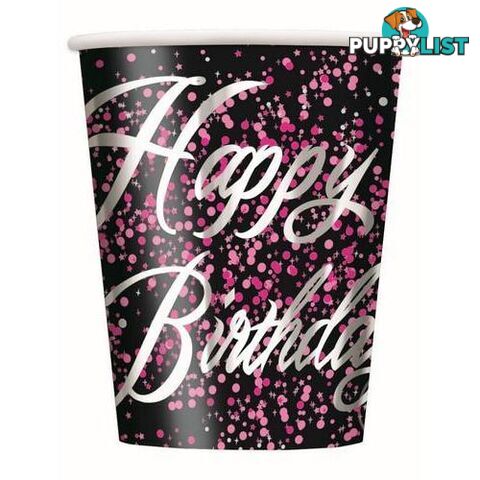 Glitz Pink Happy Birthday 8 x 270ml (9oz) Foil Stamped Paper Cups - 011179574766