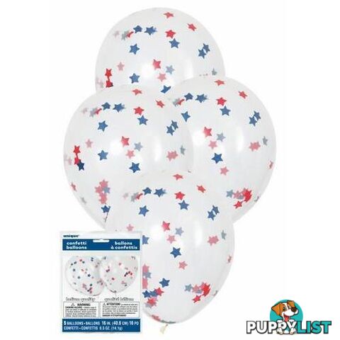 5 x 40cm (16) Clear Balloons With Red And Blue Stars Tissue Confetti - 011179570836