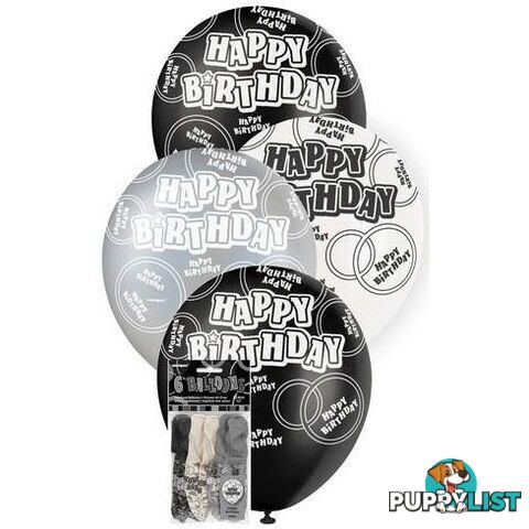 Glitz Black 6 x 30cm (12) Latex Balloons - Happy Birthday - 011179808908