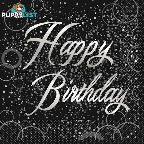 Glitz Silver 16 Foil Stamped Happy Birthday Luncheon Napkins 2ply 33cm x 33cm (13 x 13) - 011179574872