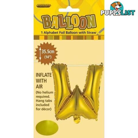 Gold W Alphabet Foil Balloon 35cm (14) - 9311965446729