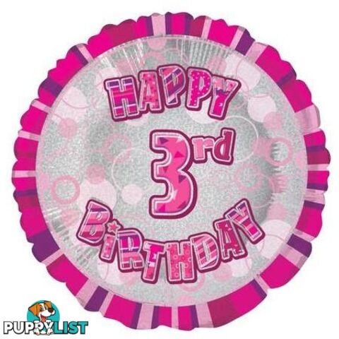 Glitz Pink 3rd Birthday Round 45cm (18) Foil Balloon Packaged - 011179556335