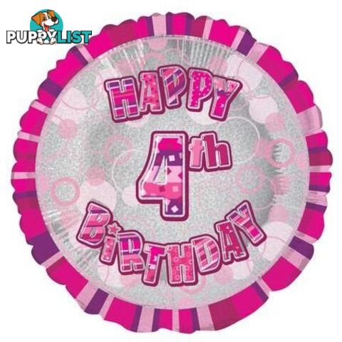 Glitz Pink 4th Birthday Round 45cm (18) Foil Balloon Packaged - 011179556342