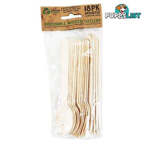 Eco Disposable Party Wooden Cutlery 18 Pack Assorted - 9328644046668