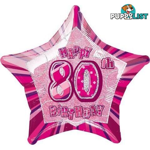 Glitz Pink 80th Birithday Star 50cm (20) Foil Balloon Packaged - 011179559336