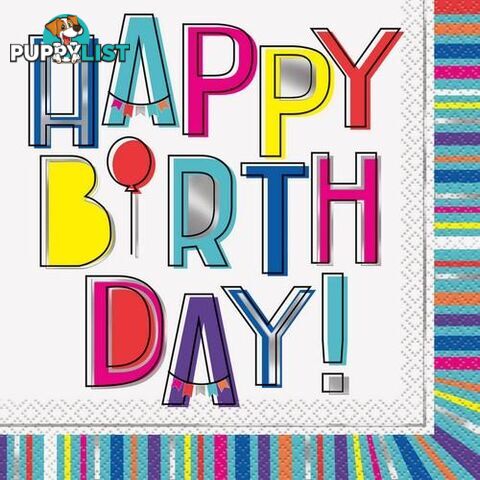 Colourful Birthday 16 Foil Stamped Luncheon Napkins 2ply 33cm x 33cm (13 x 13) - 9311965963653