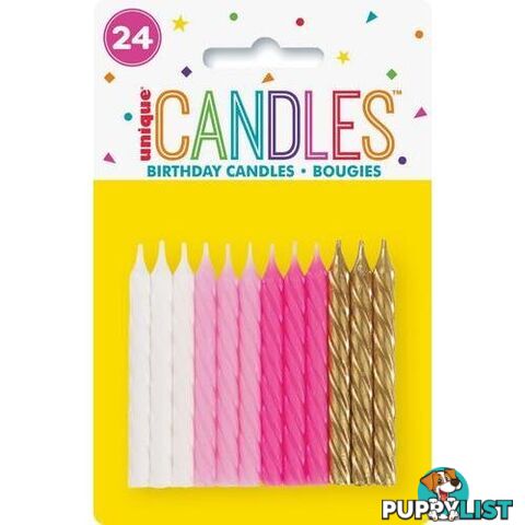 24 Sprial Candles Pink Assorted - Bright White, Lovely Pink, Hot Pink & Gold - 011179199723