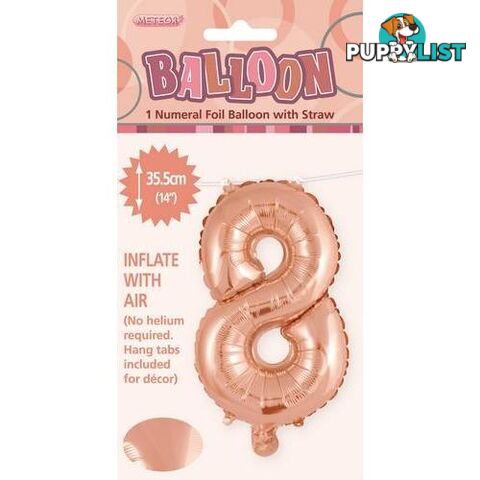 Rose Gold 8 Numeral Foil Balloon 35cm (14) - 9311965428480