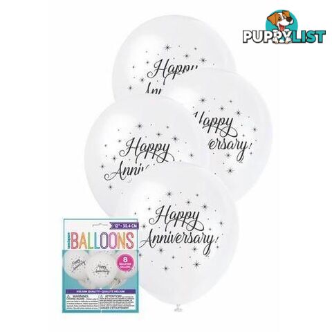 Happy Anniversary 8 x 30cm (12) Balloons - White - 011179549023