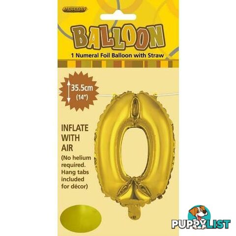 Gold 0 Numeral Foil Balloon 35cm (14) - 9311965428909