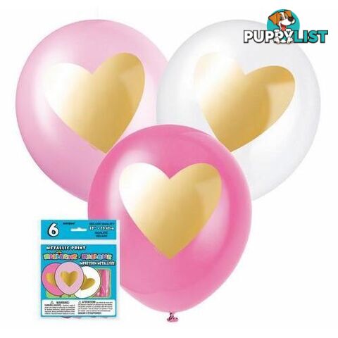 6 x 30cm (12) Balloons - Gold Heart - Assorted Colours - 011179570805