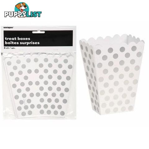 Dots Silver 8 Treat Boxes 14cm H x 10cm W x 6cm D (5.5 x 4 x 2.4) - 011179592968