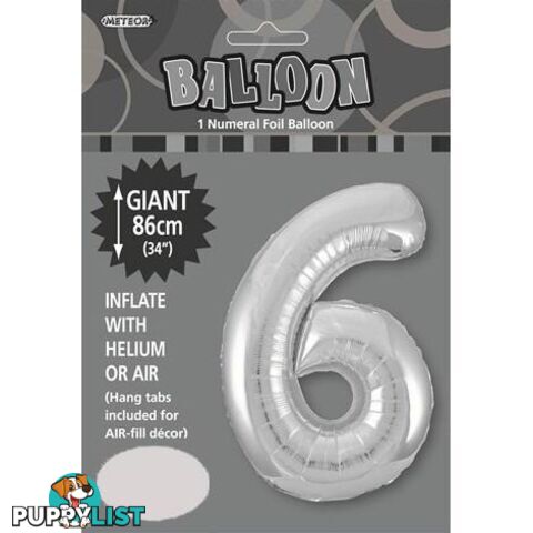 Silver 6 Numeral Foil Balloon 86cm (34) - 9311965482963