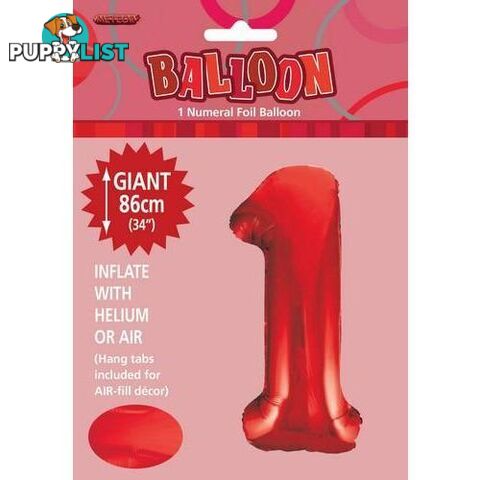 Red 1 Numeral Foil Balloon 86cm (34) - 9311965506010