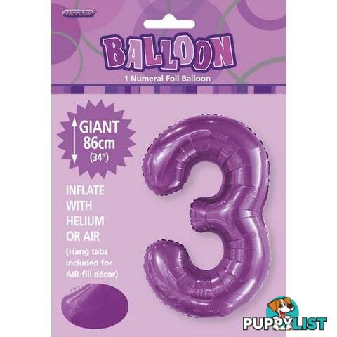 Pretty Purple 3 Numeral Foil Balloon 86cm (34) - 9311965506232