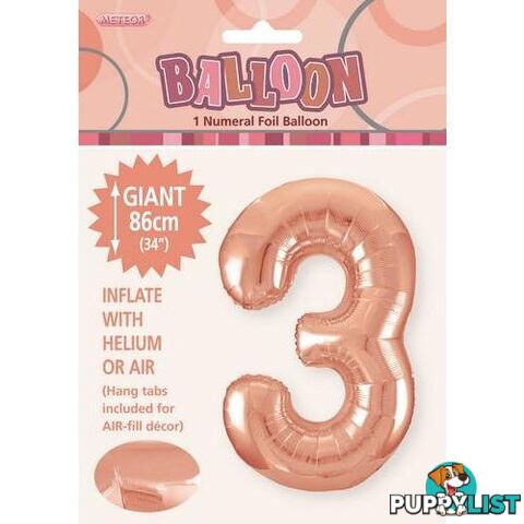 Rose Gold 3 Numeral Foil Balloon 86cm (34) - 9311965506430