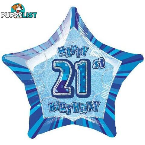 Glitz Blue 21st Birthday Star 50cm (20) Foil Balloon Packaged - 011179551279