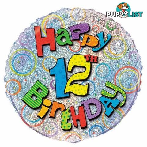 12th Birthday 45cm (18) Foil Prismatic Balloons Packaged - 011179555079