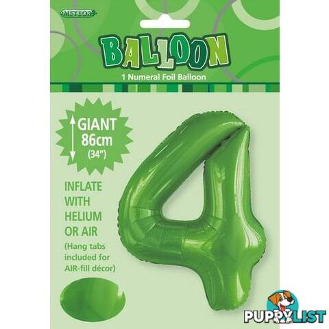 Lime Green 4 Numeral Foil Balloon 86cm (34) - 9311965506140