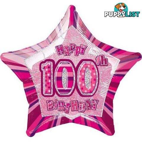 Glitz Pink 100th Birithday Star 50cm (20) Foil Balloon Packaged - 011179553891