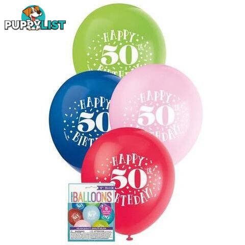 Happy 50th Birthday 8 x 30cm (12) Balloons - Assorted Colours - 011179549450