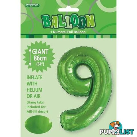 Lime Green 9 Numeral Foil Balloon 86cm (34) - 9311965506195