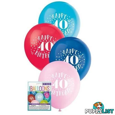 Happy 40th Birthday 8 x 30cm (12) Balloons - Assorted Colours - 11179549443