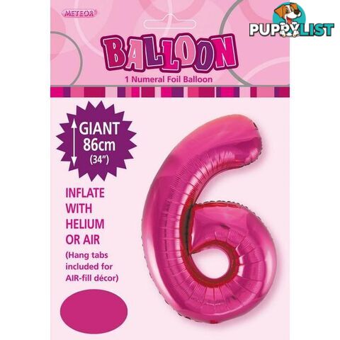 Hot Pink 6 Numeral Foil Balloon 86cm (34) - 9311965483267