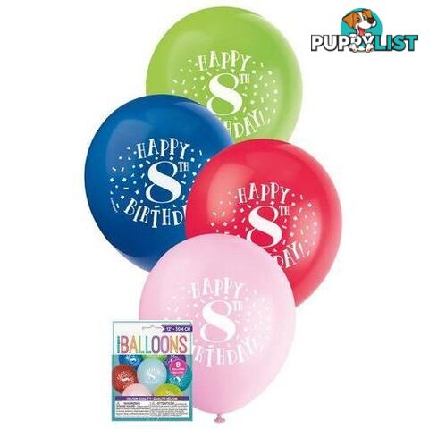 Happy 8th Birthday 8 x 30cm (12) Balloons - Assorted Colours - 011179549382