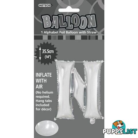 Silver N Alphabet Foil Balloon 35cm (14) - 9311965446934