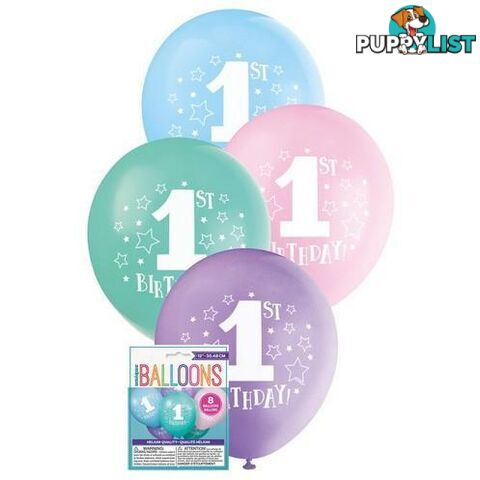 1st Birthday Stars 8 x 30cm (12) Balloons - Assorted - 011179549245