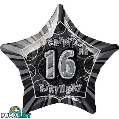 Glitz Black And Silver 16th Birthday Star 50cm (20) Foil Balloon Packaged - 011179551439